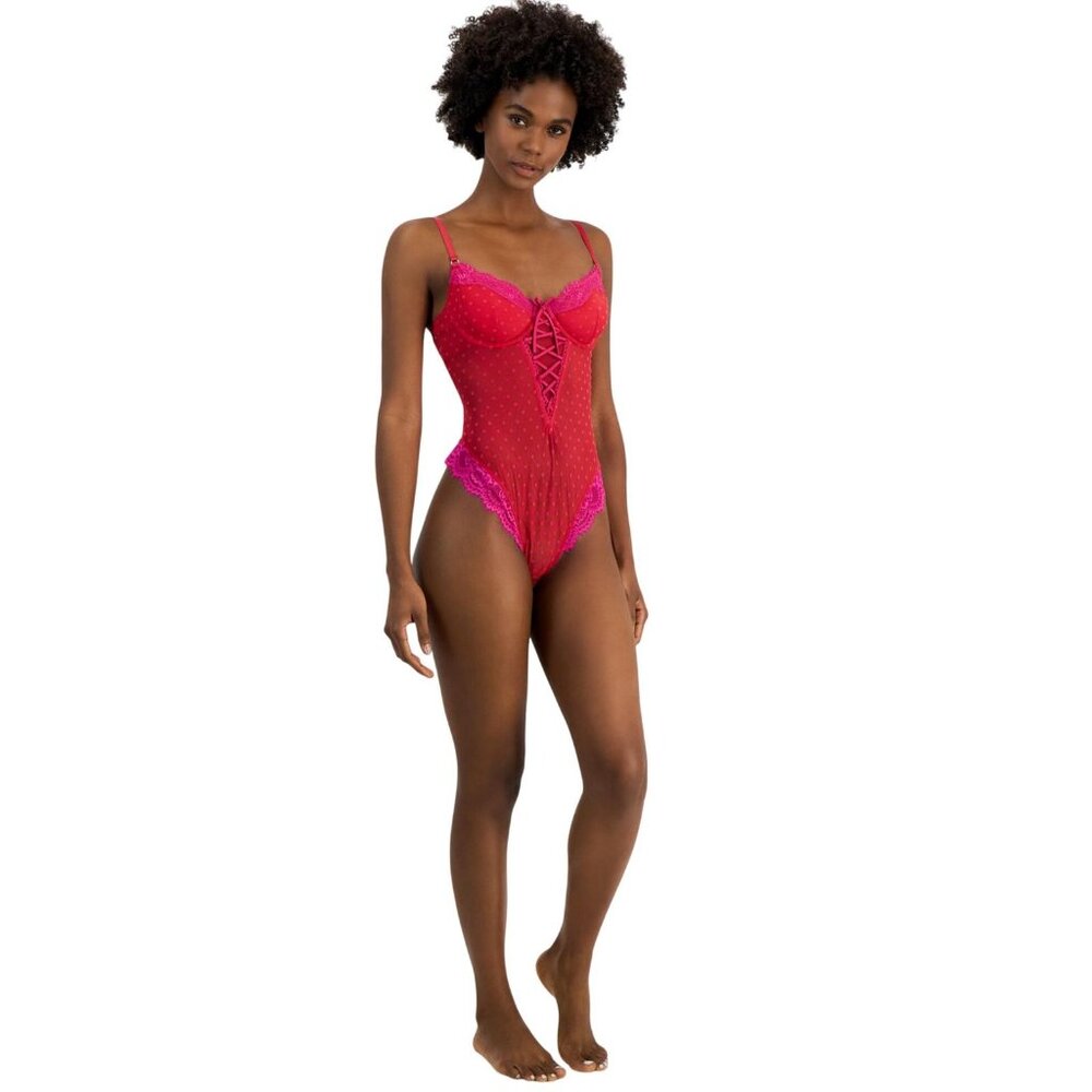 NWT INC International Concepts Floral Mesh Thong Bodysuit Crimson Leaf Red L